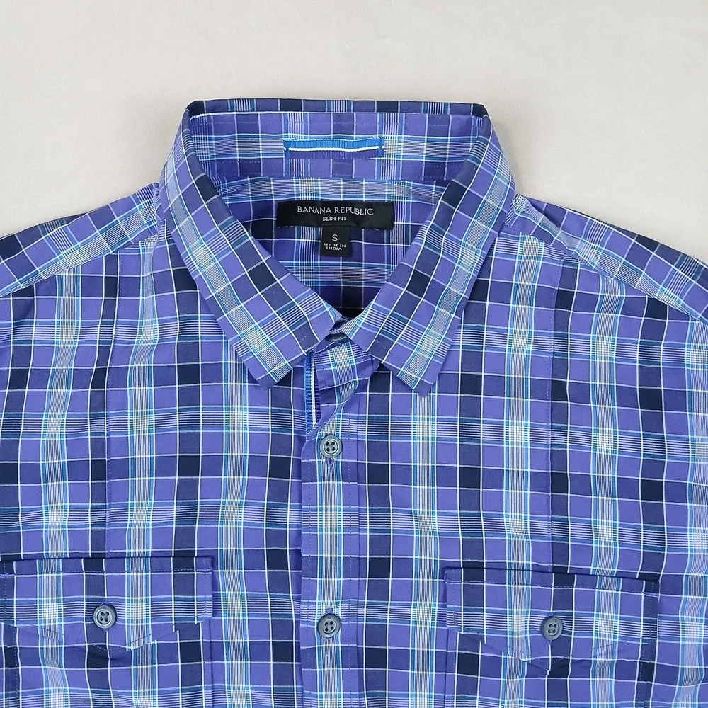 Banana Republic Small‎ Mens Shirt Casual Stretch Long Sleeve Purple Plaid 20x27